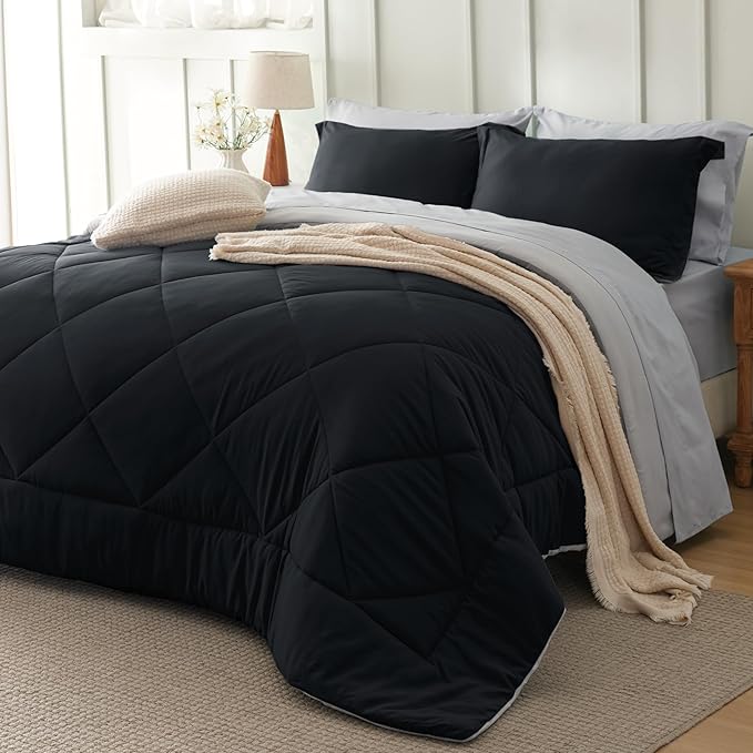 Bedsure Queen Comforter Set - 7 Pieces Reversible Black Bedding, Queen Size Bed Set for All Seasons, Bed in a Bag with Down Alternative Comforter, Sheets, Pillowcases & Shams