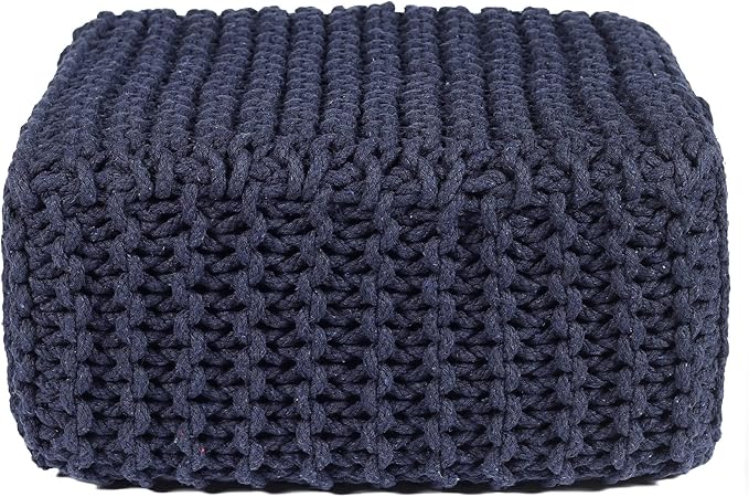 REDEARTH · Cube Low Pouf Foot Stool Ottoman - Hand Knitted Poof - Cord Boho Pouffe - Home Décor - Stuffed Footrest for Living Room - Nursery - Bedroom - Patio (16" x 16" x 8") - Navy Blue, Set of 2