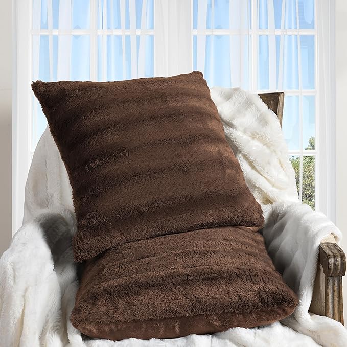 Cheer Collection Faux Fur Throw Pillows - Decorative Pillows for Couch, Bed Throw Pillows, Chocolate Accent Pillows for Bedroom or Living Room Aesthetic, Set of 2 Furry Throw Pillows, 16" x 16"