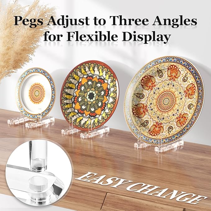 Plate Stands for Display, 2 Pack Clear Acrylic Display Easel with Adjustable Pegs for Decorative Plate, Books, Records, Plaque, Picture Frame, Platter Tabletop Art