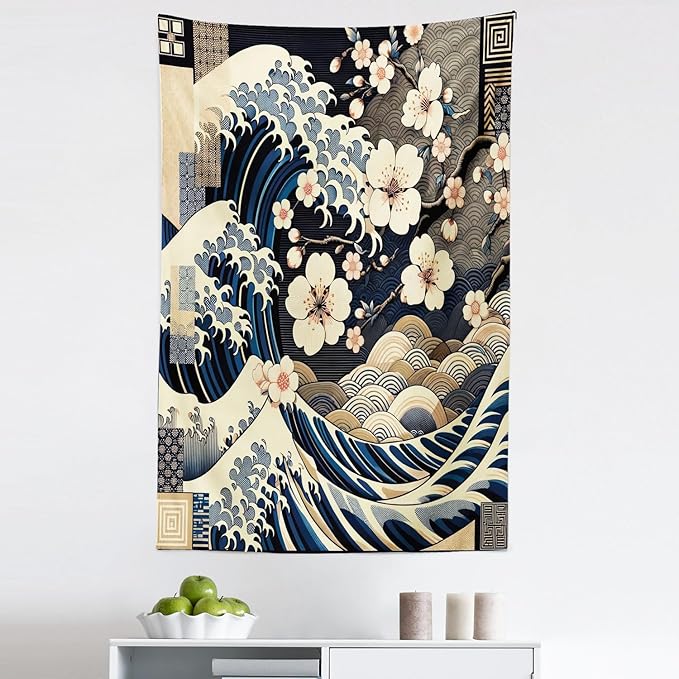 Ambesonne Anime Tapestry, Ukiyo-e Style Cultural Art Design with Squama Scales Waves Cherry Blossoms, Fabric Wall Hanging Decor for Bedroom Living Room Dorm, 30" X 45", Taupe Beige Dark Blue