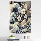 Ambesonne Anime Tapestry, Ukiyo-e Style Cultural Art Design with Squama Scales Waves Cherry Blossoms, Fabric Wall Hanging Decor for Bedroom Living Room Dorm, 30" X 45", Taupe Beige Dark Blue