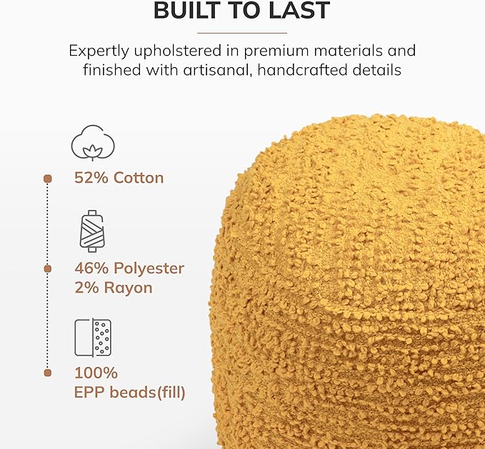 Anji Mountain 100% Handmade & Handcrafted Comfortable Home Décor Pouf Ottoman Footrest for Living Room, Bedroom, Nursery, Kidsroom, Patio Furniture - (22" x 22" x 17" - Mustard)