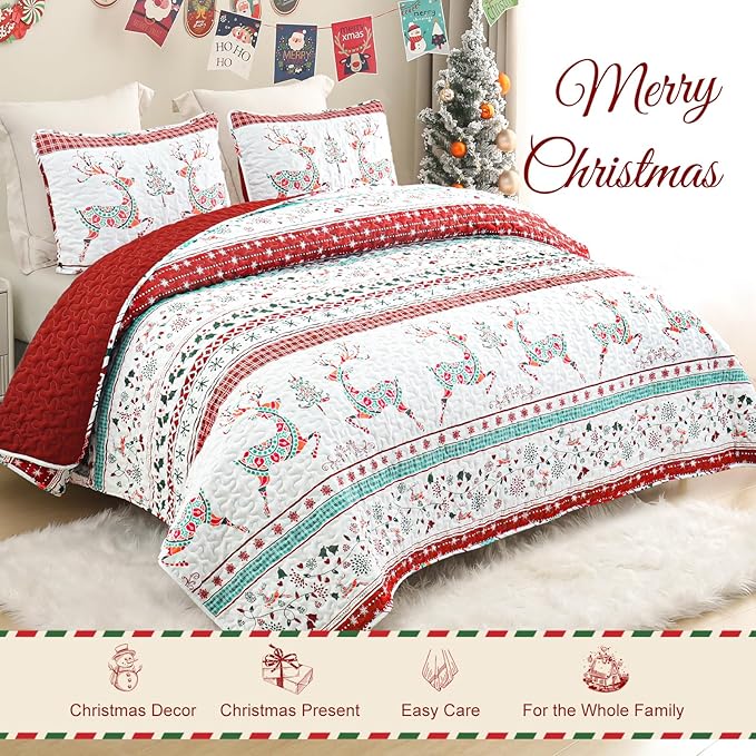Exclusivo Mezcla Reversible Christmas Quilts King Size, Red Bedspread Lightweight Coverlet Winter Quilt Bedding Set with Printed Striped Flowers Reindeer Pattern (1 Quilt, 2 Pillow Shams)
