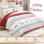 Exclusivo Mezcla Reversible Christmas Quilts King Size, Red Bedspread Lightweight Coverlet Winter Quilt Bedding Set with Printed Striped Flowers Reindeer Pattern (1 Quilt, 2 Pillow Shams)
