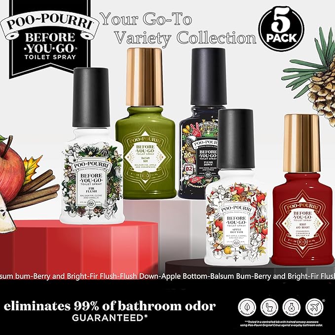 Poo-Pourri Before You Go Toilet Spray 5 Pack Set 2 oz Bottles, Peaches And Cream, Fir Flush, Flush Down, Berry and Bright, Balsam Bum Set
