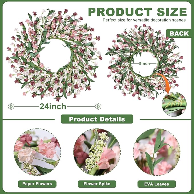Wreaths for Front Door, 24 Inch Spring/Summer Front Door Wreath, Colorful Paper Flower Wreath for All Seasons for Indoor Home Wall Window Office Wedding Farmhouse Decor (Light Pink)
