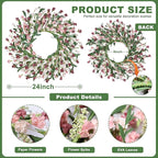 Wreaths for Front Door, 24 Inch Spring/Summer Front Door Wreath, Colorful Paper Flower Wreath for All Seasons for Indoor Home Wall Window Office Wedding Farmhouse Decor (Light Pink)