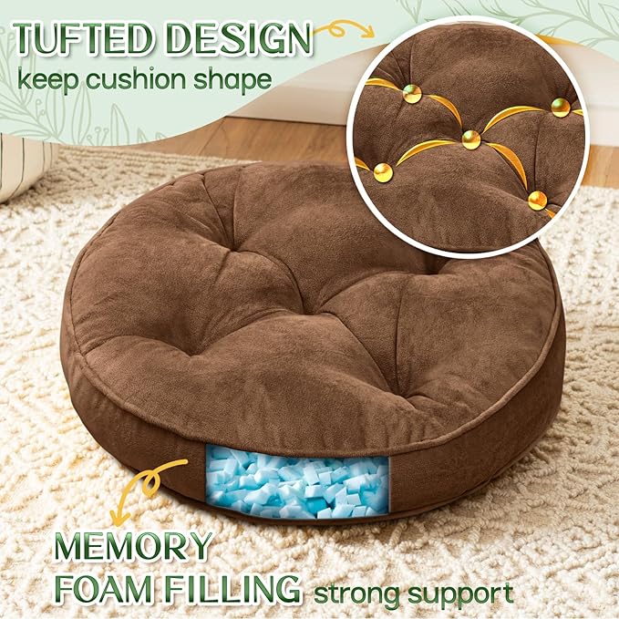 Floor Pillow Set of 2, Memory Foam Meditation Cushion, Floor Cushions for Adults Sitting, Large Round Seat Cushions for Yoga, Living Room, 20x20 Inch (Round | Brown)