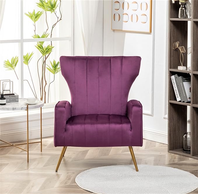 Modern Velvet Accent Chair, Channel Tufted Bedroom, Office or Living Room Furniture with Elegant Metal Legs, 26" Wide Armchair, Purple