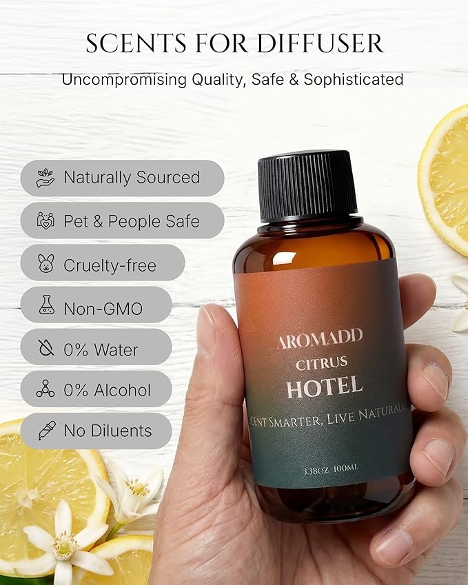 Aromadd Citrus Hotel Diffuser Oil Inspired by Luxury Hotel Scent, Essential Oils for Waterless Diffuser, Luxury Lemon & Bergamot, Long-Lasting & Natural Home Fragrance - 3.38 fl oz (100 mL)