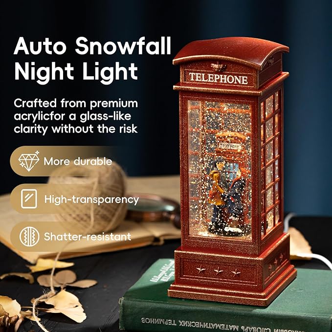Snow Globe Lantern with Telephone Booth Couples –Shatterproof 8 Songs Musical Box Automatic Snowfall Led Light USB & Battery Powered,for Valentine’s Day Gifts Present Birthday Home Fall Decoration,Red