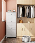 Crestlive Products Tall Dresser, 7-Drawer Fabric Storage Tower, Chests of Drawers - Vertical Organizer Unit for Bedroom, Hallway, Entryway, Nursery, Closets - Steel Frame, Wood Top & Handles (White)