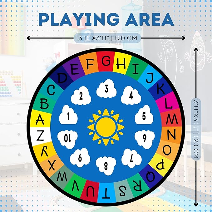 Genki - Kids Rugs for Playroom - ABC Learning Area Rug for Play Room, Classroom, Kindergarten, and Preschool - Kid Alphabet Educational Carpet for Childrens and Toddler Mat - Non Slip | 3'11"x3'11"
