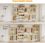 W4 Wall Mounted Clothes Rack, Industrial Pipe Clothing Rack, Garment Rack with 6 Hanging Clothes Rods Double Expandable Rods & 6 Adjustable Shelves, Heavy Duty Corner Wardrobe Racks, Gold