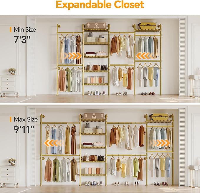 W4 Wall Mounted Clothes Rack, Industrial Pipe Clothing Rack, Garment Rack with 6 Hanging Clothes Rods Double Expandable Rods & 6 Adjustable Shelves, Heavy Duty Corner Wardrobe Racks, Gold