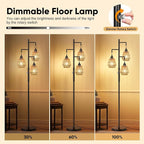 QiMH Farmhouse Floor Lamps for Living Room, Industrial Standing Lamp with 3-Lights Boho Rattan Shades, 68" Modern Rustic Tree Tall Lamps for Bedroom Office, Rotary Switch, 3 LED Bulbs Included