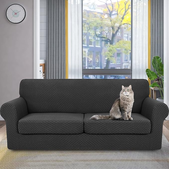 YEMYHOM Latest Checkered 3 Pieces Couch Covers for 2 Cushion Couch High Stretch Sofa Cover with 2 Extra Large Seat Cushion Covers Anti Slip Elastic Slipcovers (Black), 71"-91"(2 Cushions)