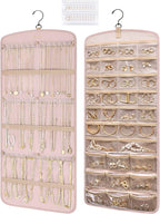 BAGSMART Hanging Jewelry Organizer, Necklace Holder Anti-tangle Earrings Rings Hanger with 20 Jewelry Bags Travel Storage Roll with Pockets Hang on Closet, Wall, Door,1 Piece, Large Pink