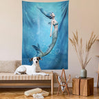 Ambesonne Underwater Tapestry, Mermaid Fishtail Floating Bubbles Mythical Creature Ocean Life Art Print, Fabric Wall Hanging Decor for Bedroom Living Room Dorm, 23" X 28", Blue Gray