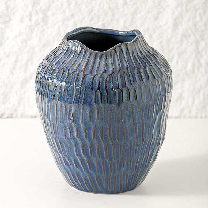 Blue Ceramic Vase for Home Decor,7.8 Inch Flower Vases，Decorative Vase for Pampas Grass，Modern Art Texture Vases for Home Entryway Living Room Dining Table Farmhouse Office Decor- Blue