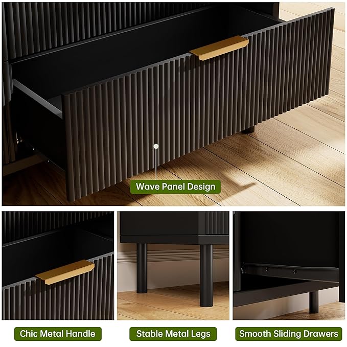 GarveeHome Black Wave Fluted 6 Drawer Dresser, Wide Wood Double Dresser with Metal Legs and Handles, Modern Chest of Drawers with Anti-Tipping Design for Bedroom Living Room Hallway