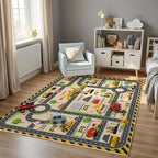 Construction Site Play Rug for Kids - Interactive Engineering Vehicles Faux Wool Carpet with Excavator & Digger Design, Non-Slip Educational Mat for Playroom, Bedroom Gifts (Boys & Girls)