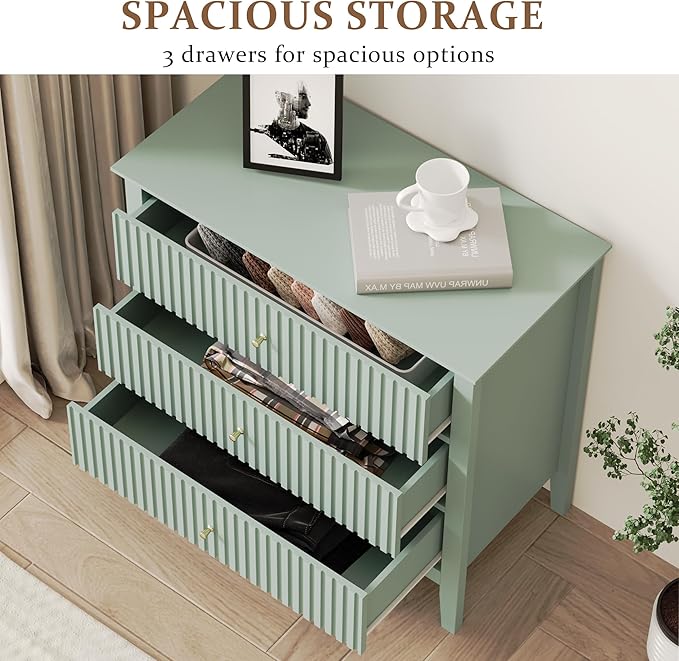 Large Sage Green 3 Drawer Dresser, Painted 30 Inch Tall Wood Nightstand with Storage, Wide Modern Chest of Drawers with Ball Bearing Slide for Bedroom Hallway Living Room Entryway Office