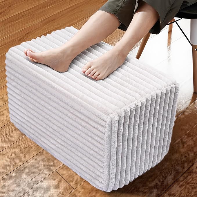 Rectangular Stuffed Pouf Ottoman with Foam Chunk Filling, Coral Fleece and Furry Fabric Design, Multi-Functional Floor Pouf for Living Room,Wide Stripe, White