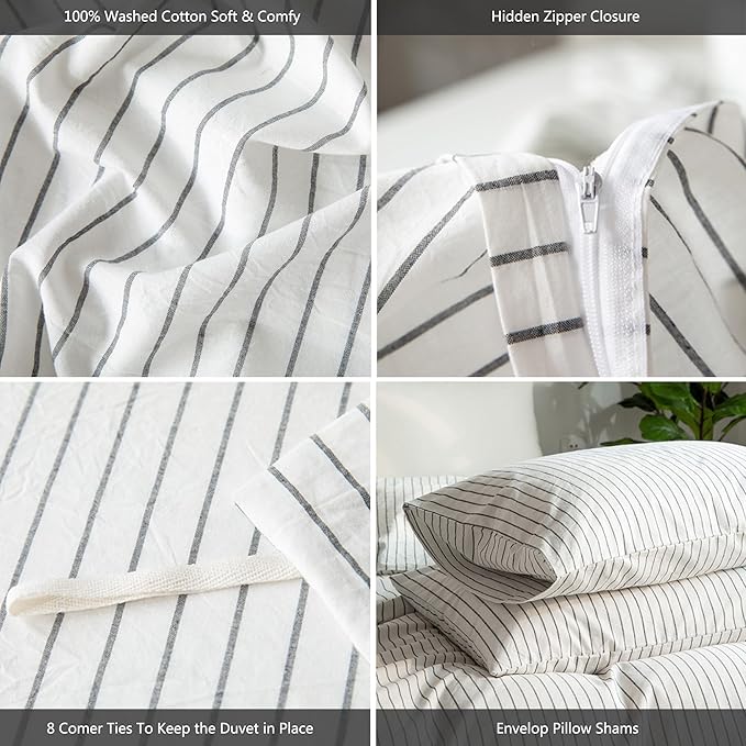 MooMee Striped Duvet Cover Set 100% Washed Cotton Linen Like Textured Breathable Durable Soft Comfy (White Dark Grey Wide Stripes, Oversized Full 82"x86")