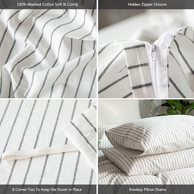 MooMee Striped Duvet Cover Set 100% Washed Cotton Linen Like Textured Breathable Durable Soft Comfy (White Dark Grey Wide Stripes, Oversized King Plus 128"x120")