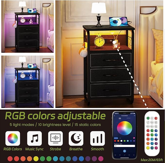Bed Side Table with 3 Fabric Drawers, Black Night Stand, LED Nightstand with Hooks, Bedside Table with Charging Station, End Table with Storage, Night Table for Living Room, Bedroom, Dorm