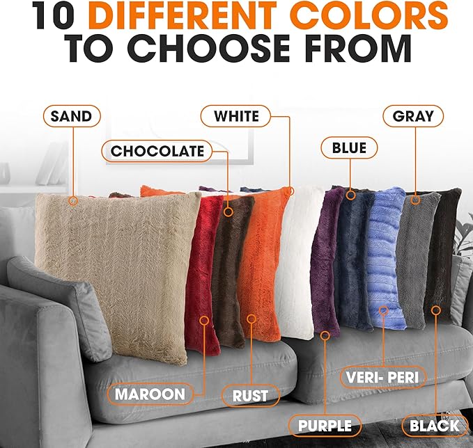Cheer Collection Faux Fur Throw Pillows - Decorative Pillows for Couch, Bed Throw Pillows, Sand Accent Pillows for Bedroom or Living Room Aesthetic, Set of 2 Furry Throw Pillows, 20" x 20"