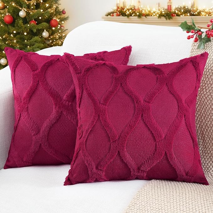 decorUhome Spring Throw Pillow Covers 16x16 Inch Set of 2, Soft Plush Faux Fur Wool Burgundy Couch Pillow Covers, Decorative Neutral Pillow Cases for Bed Sofa Living Room Home Decor