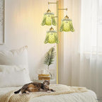 Gold Floor Lamp for Living Room,Bedroom,Tree 3 Light Standing Lamp Mid Century Modern Brass Tall Floor Lamps Vintage Retro Floor Lights Glass Green Flower Lamp Shade Farmhouse Boho Bohemian