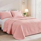 Exclusivo Mezcla Twin Quilt Bedding Set, Lightweight Blush Pink Quilts Twin Size for All Seasons, Soft Microfiber Bedspreads Coverlets Bed Cover with Leaf Pattern, 2 Piece