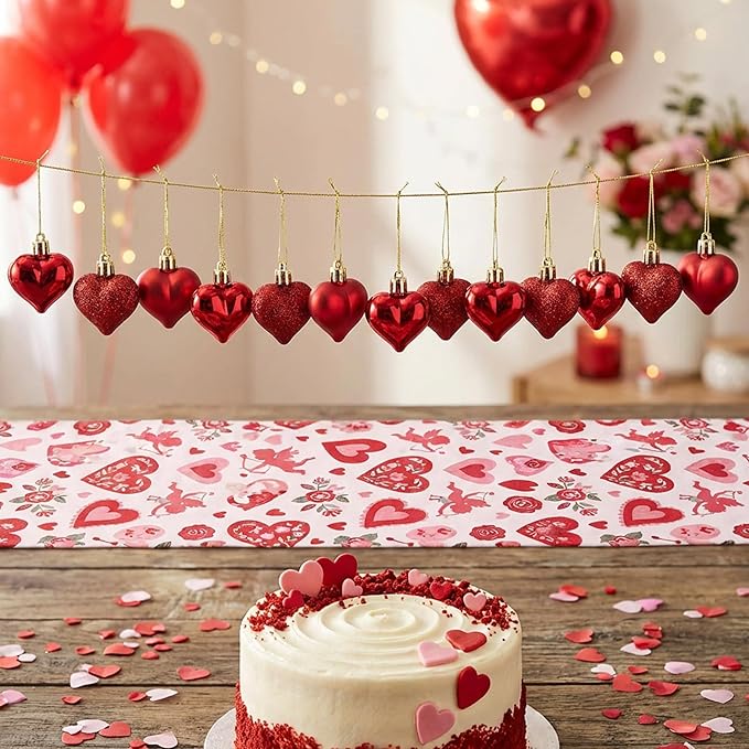 60pcs Valentine's Day Heart Ornaments - Valentine's Mother's Day Heart Baubles Shaped Hanging Ornaments Decoration for Valentine Tree Wedding Anniversary Party (Red)