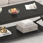 HSH Black Modern Minimalist Metal Wood Living Room Table with Storage Shelf, 39 Inch 2 Tier Rectangle Center Coffee Table