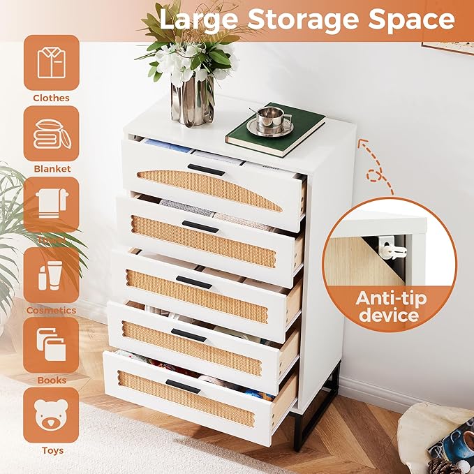 Mericonia 5 Drawer Rattan Dresser for Bedroom, Wood Tall Dresser for Closet with Metal Handles, Boho Nightstand Sets, Dressers & Chests of Drawers for Bedroom, Hallway and Entryway, White