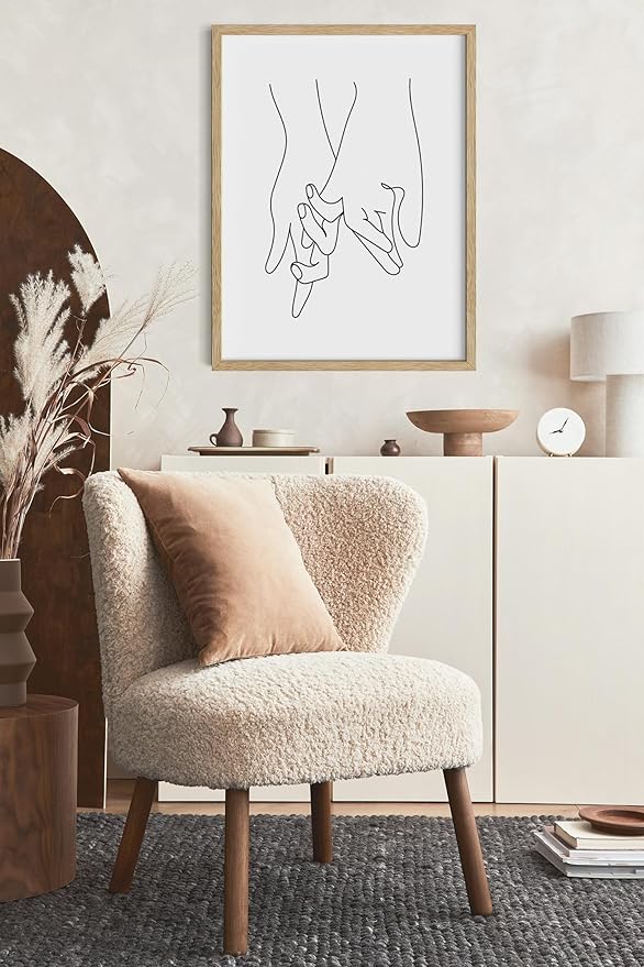 Holding Hands Wall Art Interlocking Fingers Continuous Line Drawing Love Connection 16x20 Inch Oak Wood Beige Framed Modern Romance Print for Bedroom