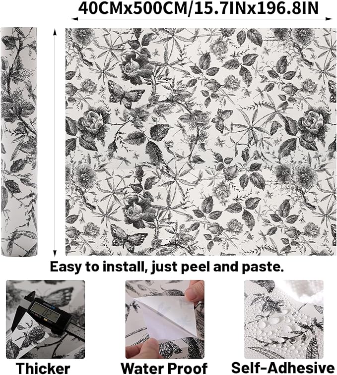 Drawer Liner Contact Paper for Dresser Peel and Stick Wallpaper Sketched Design 15.7x196.8in Self Adhesive Removable Black Maroon Rose Floral Butterfly Vintage Cabinet Shelf Renter Friendly