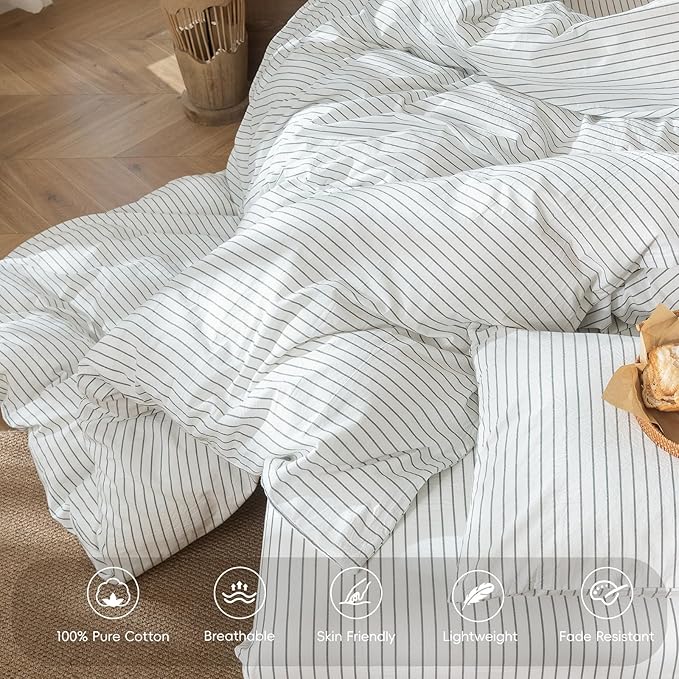 MooMee Striped Duvet Cover Set 100% Washed Cotton Linen Like Textured Breathable Durable Soft Comfy (White Heathered Green Wide Stripes, Full 80"x90")