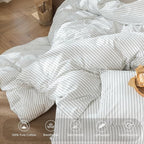 MooMee Striped Duvet Cover Set 100% Washed Cotton Linen Like Textured Breathable Durable Soft Comfy (White Heathered Green Wide Stripes, King 104"x90")