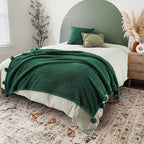 HORIMOTE HOME Ultra Soft Sherpa Throw Blanket with Pompom Fringe, Lightweight Plush Boho Throw Blanket for Couch, Sofa, Bedroom,Travel, Christmas Decor, Warm Blanket for Winter, 60"x80", Green