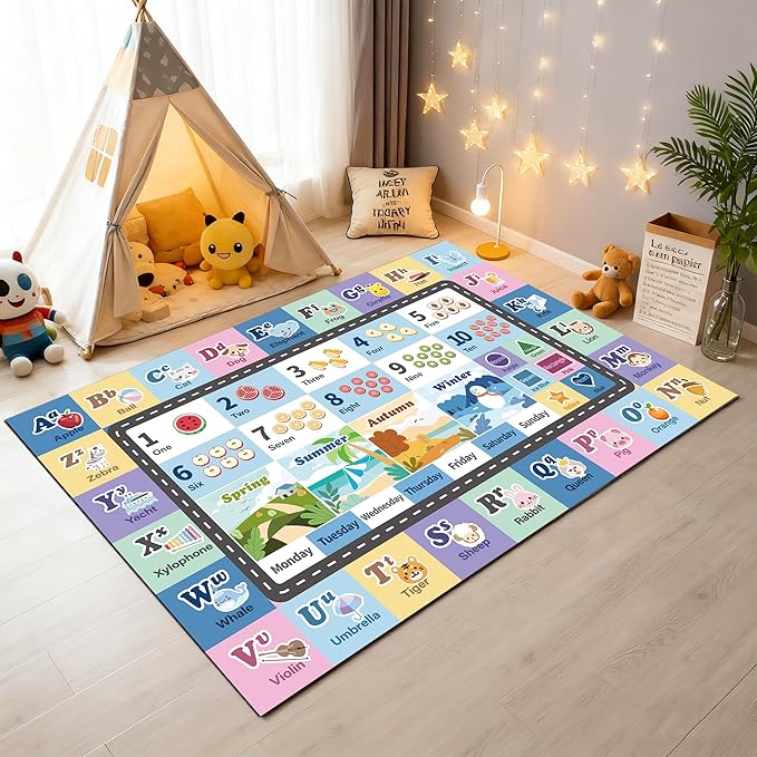 Kids ABC Rug for Playroom, Classroom Alphabet Area Carpet Playmat,Washable Toddler Mat for Baby Room,Play Room,Bedroom,Floor,Nursery (Blue,4'x6')