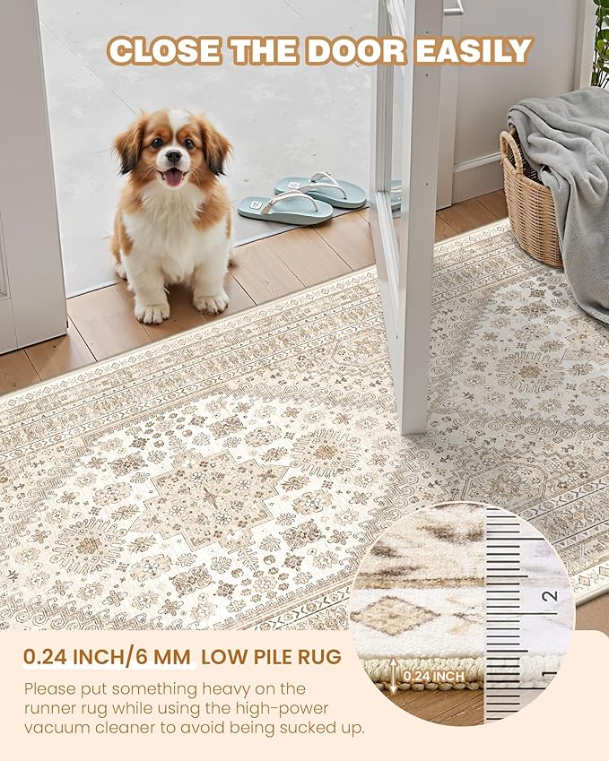 Runner Rug 2x8 Runners for Hallways Non Slip Washable, Vintage Hallway Runner Rugs for Living Room, Low Pile Soft Hallway Rug for Kitchen Bedroom Laundry Room(Cream/Beige,2'x8')