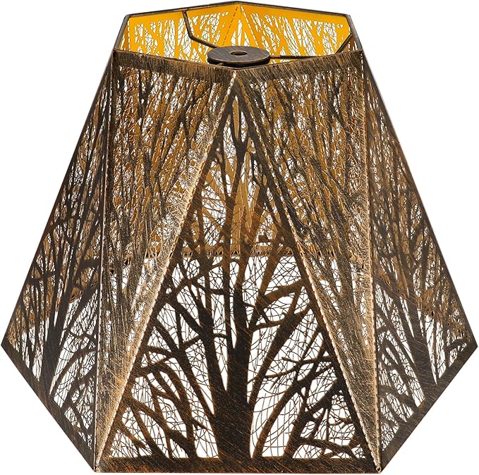 Etched Metal Lampshade, Hexagonal Lamp Shade with Antique Bronze Exterior&Gold-plated Interior, 7" Top x 13.8" Bottom x 9.5" Height, Spider Fitter