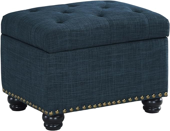 Convenience Concepts Designs4Comfort 5th Avenue Upholstered Storage Ottoman 24" - Contemporary Foot Stool and Seat with Hinged Lid for Living Room, Dining Room, Office, Den, Dark Blue Fabric
