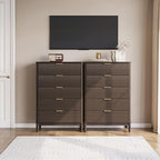 LINSY Fluted 5 Drawer Dresser for Bedroom, 46" Tall Mid-Century Modern Chest of Drawers, Deep Storage Dresser with Curved Corner Design, Large Accent Wood Cabinet for Bedroom, Walnut