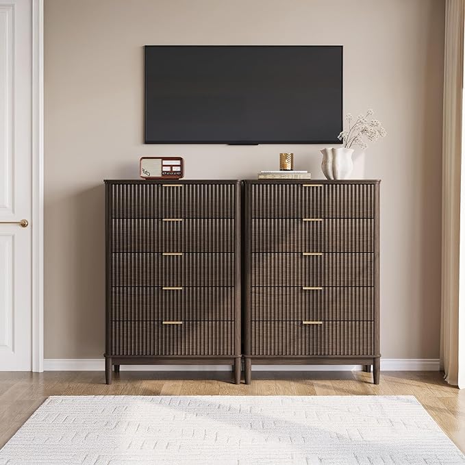 LINSY Fluted 5 Drawer Dresser for Bedroom, 46" Tall Mid-Century Modern Chest of Drawers, Deep Storage Dresser with Curved Corner Design, Large Accent Wood Cabinet for Bedroom, Walnut